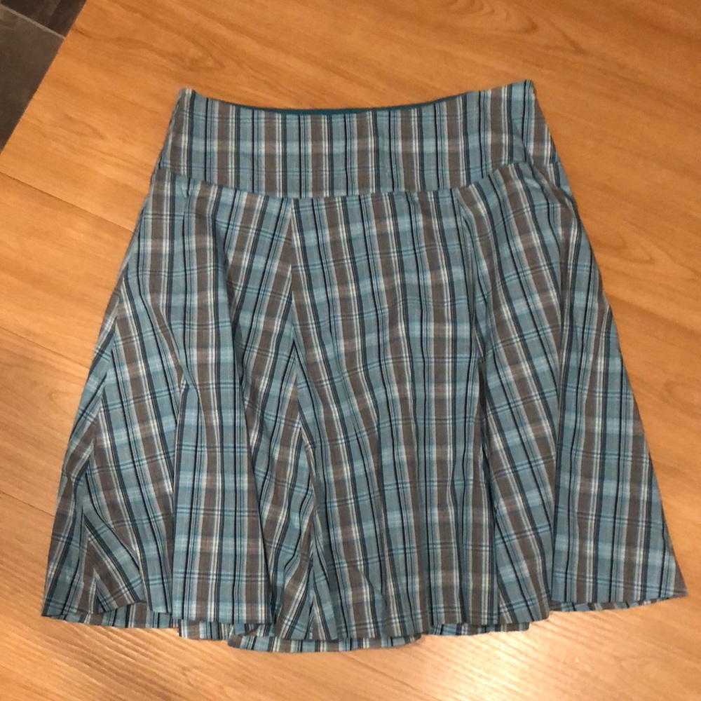 Turquoise/ grey checked ALine modest skirt & side zipper, ZERO, size EUR36/ US6